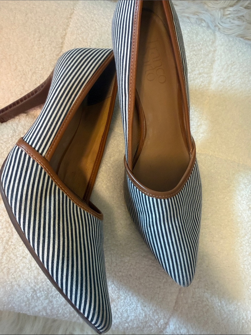 Franco sarto Striped Pointed Toe Pumps in Navy and White with Brown Trim